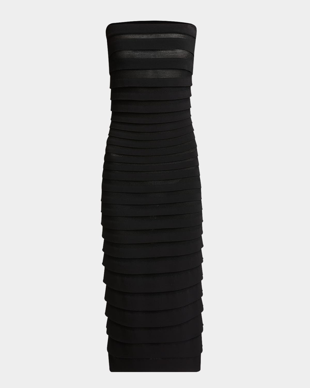 ALAÏA 3D STRIPE MESH KNIT STRAPLESS MIDI DRESS 