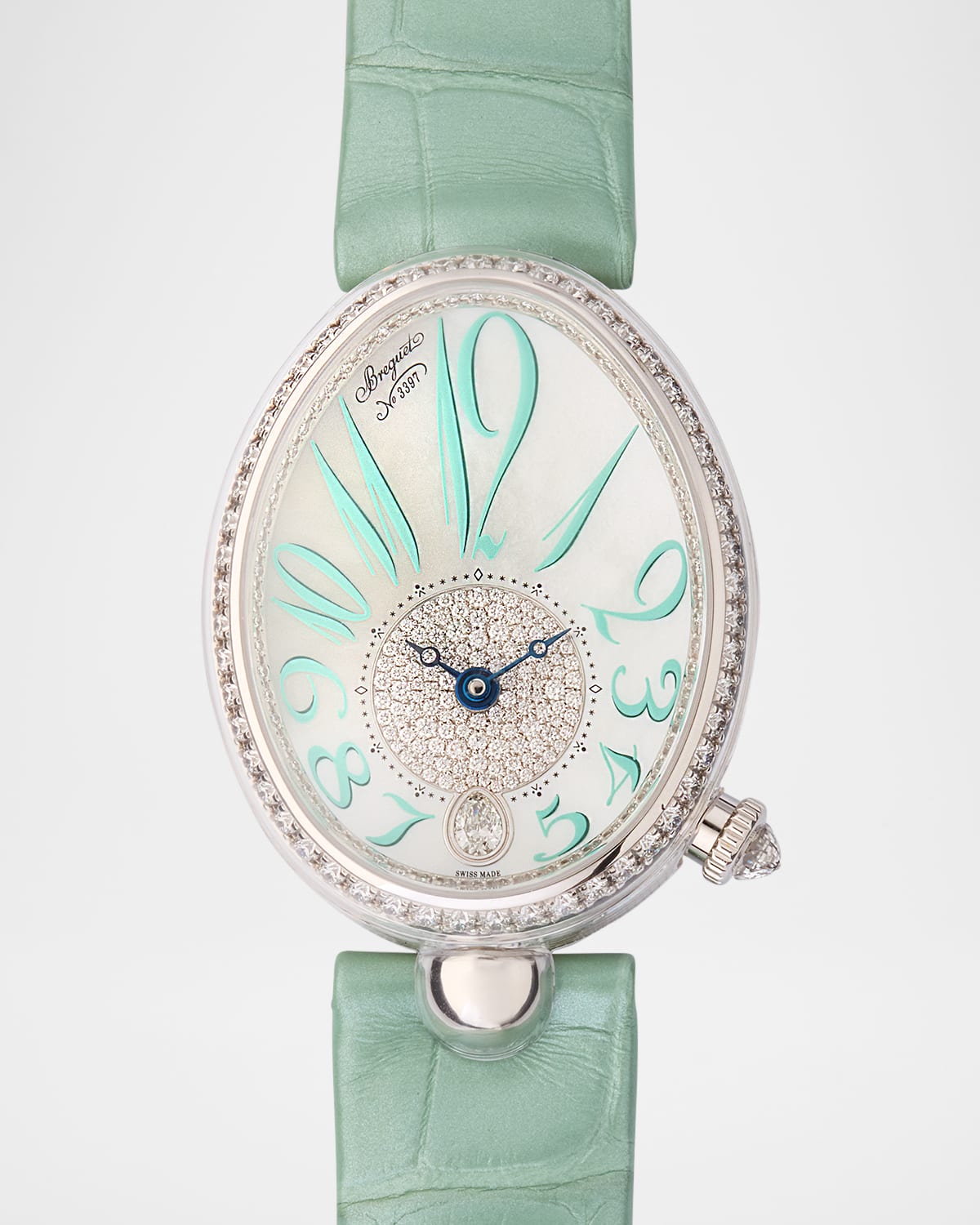 18K White Gold 28.5mm Reine de Naples Diamond Watch with Green Alligator Strap