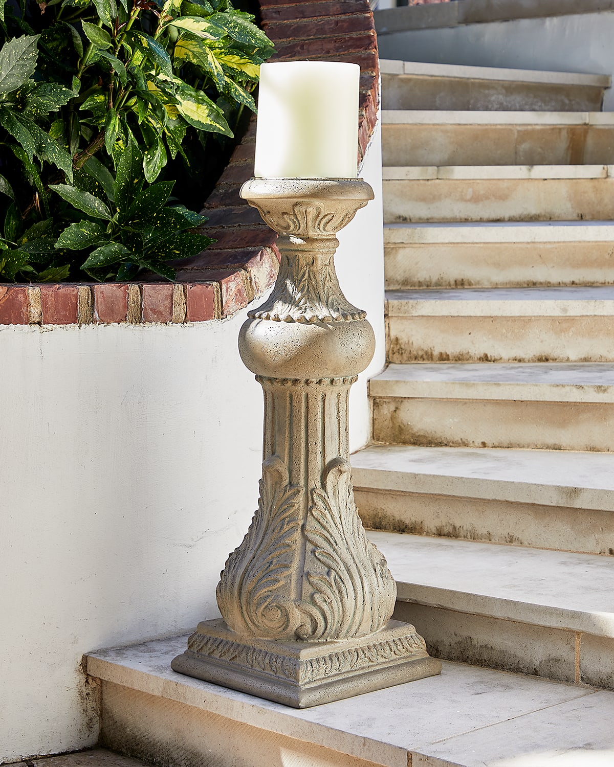 NEIMAN MARCUS 30" OUTDOOR CAST STONE FLOOR CANDLESTICK