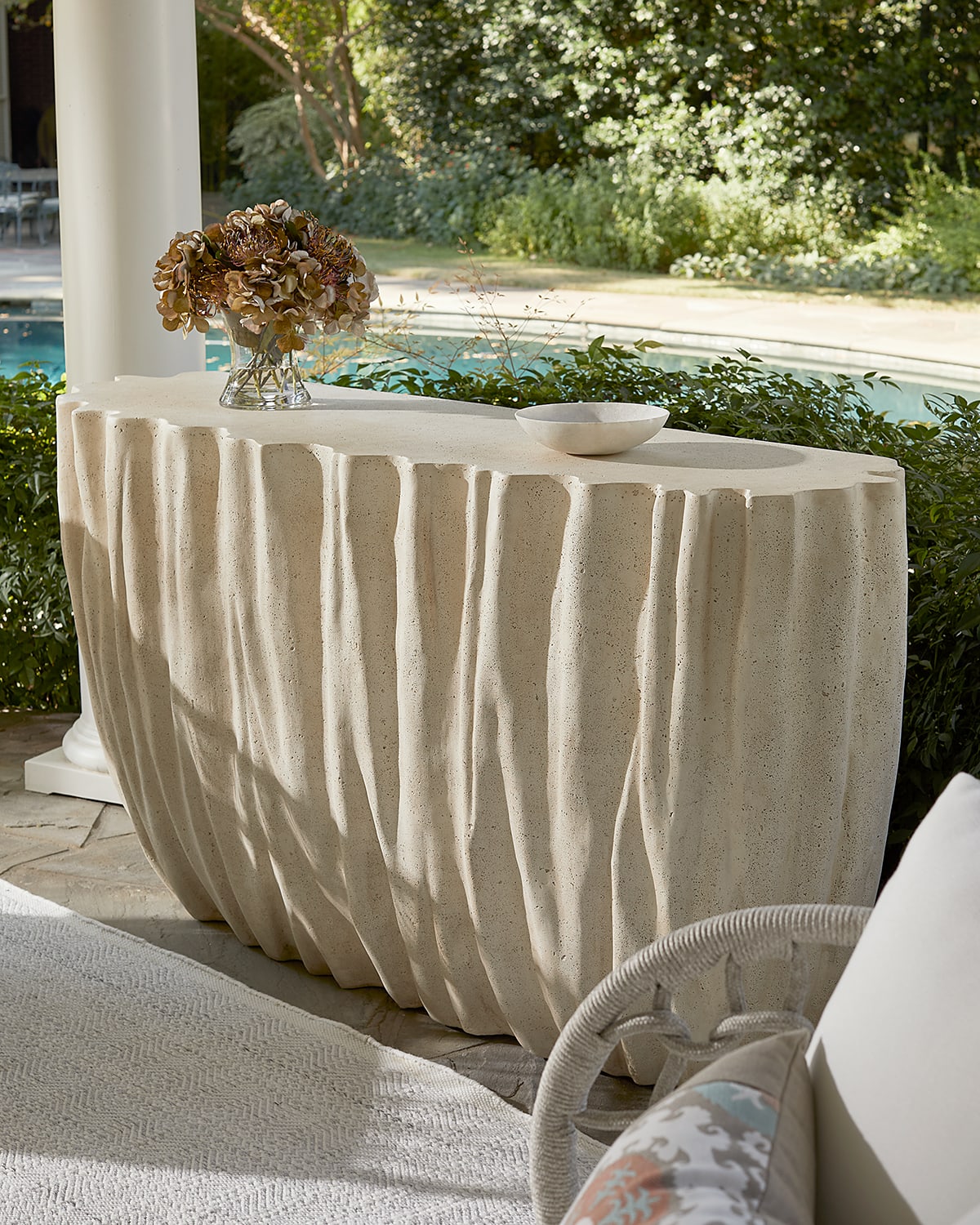 NEIMAN MARCUS RUFFLE OUTDOOR CONSOLE TABLE 