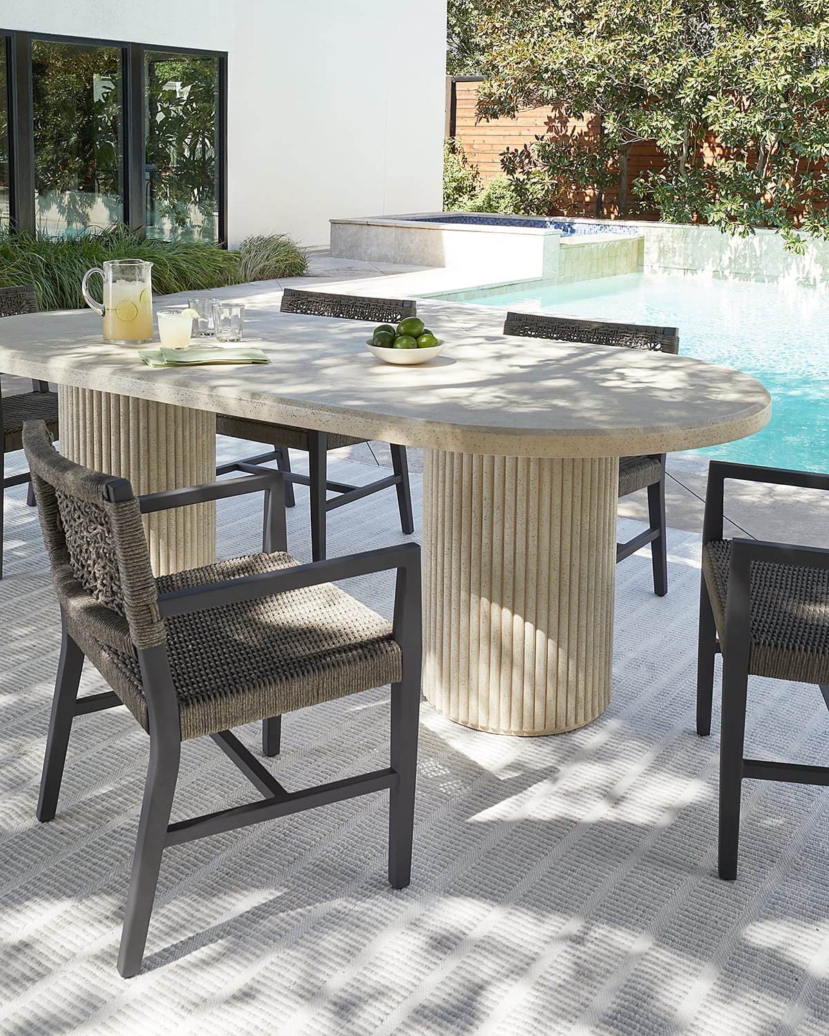 Neiman Marcus Reeded Double Pedestal Outdoor Dining Table In Limestone
