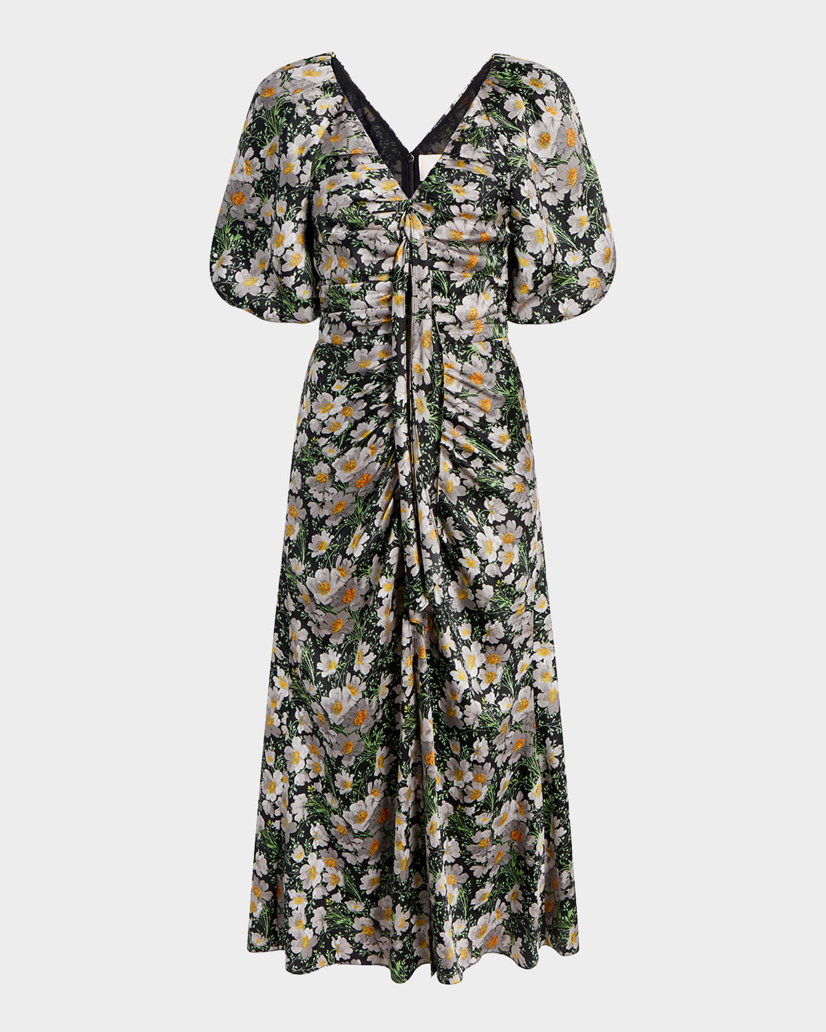 Shop Cinq À Sept Brenton Puff-sleeve Cosmo-flower Midi Dress In Black/london Fo