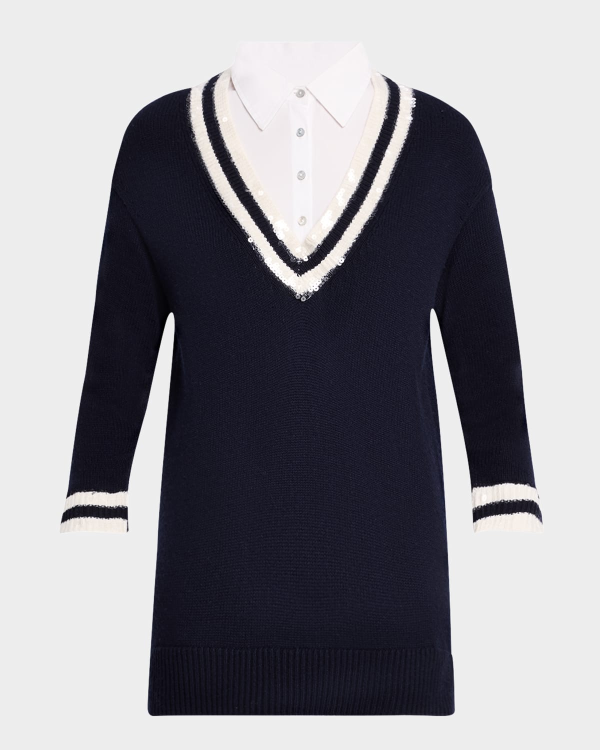 Cinq À Sept Santina Sequined Mixed Media Mini Dress In Navy/white