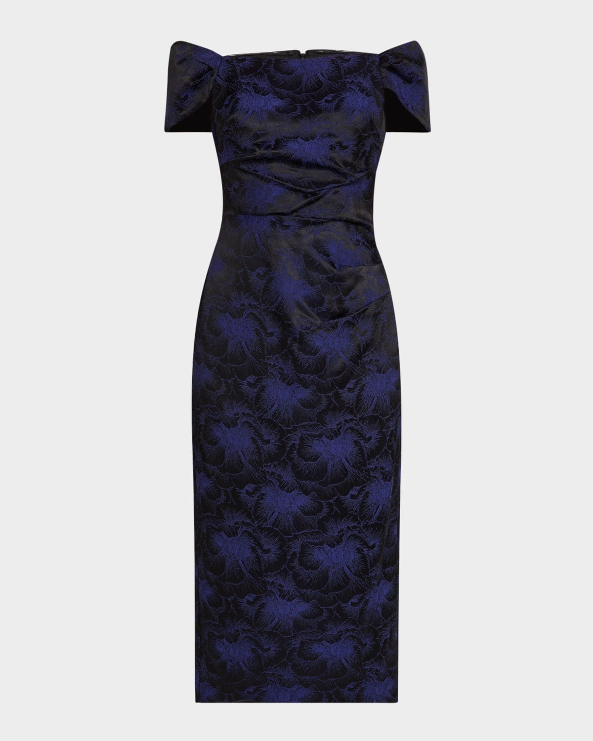 Aidan Mattox Off-shoulder Floral Jacquard Midi Dress In Black/blue