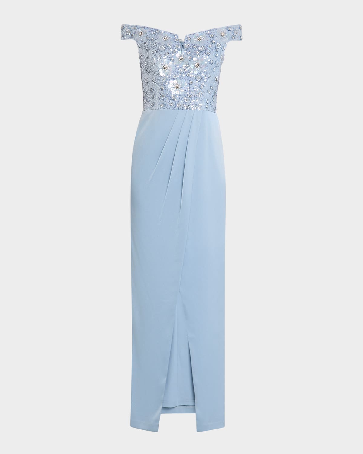 Aidan Mattox Off-shoulder Bead & Sequin Column Gown In Clear Water