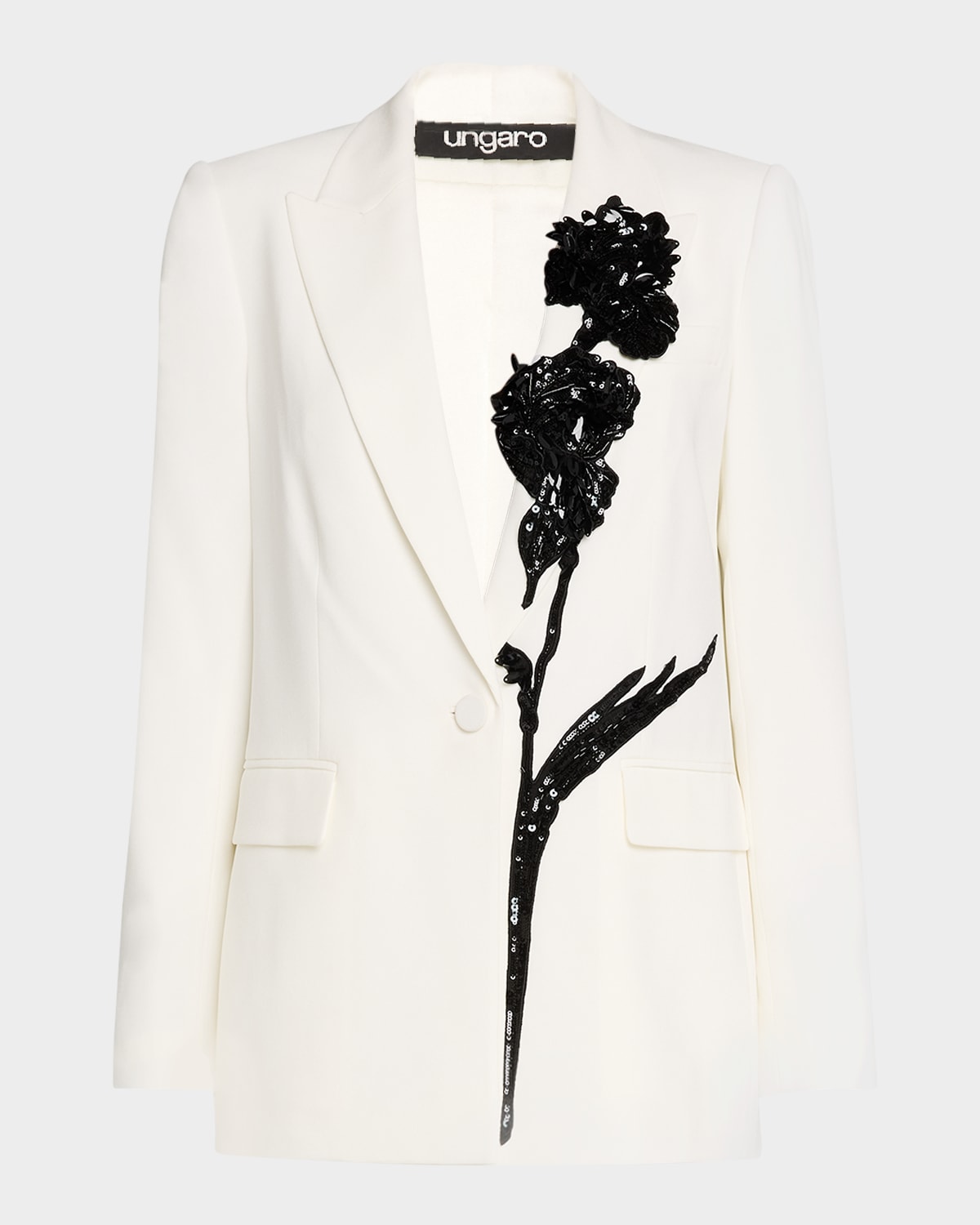 Single-Button Sequin Floral Applique Blazer