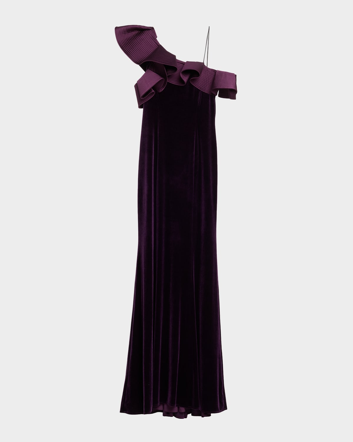 Rickie Freeman For Teri Jon One-shoulder Ruffle Velvet Gown In Purple