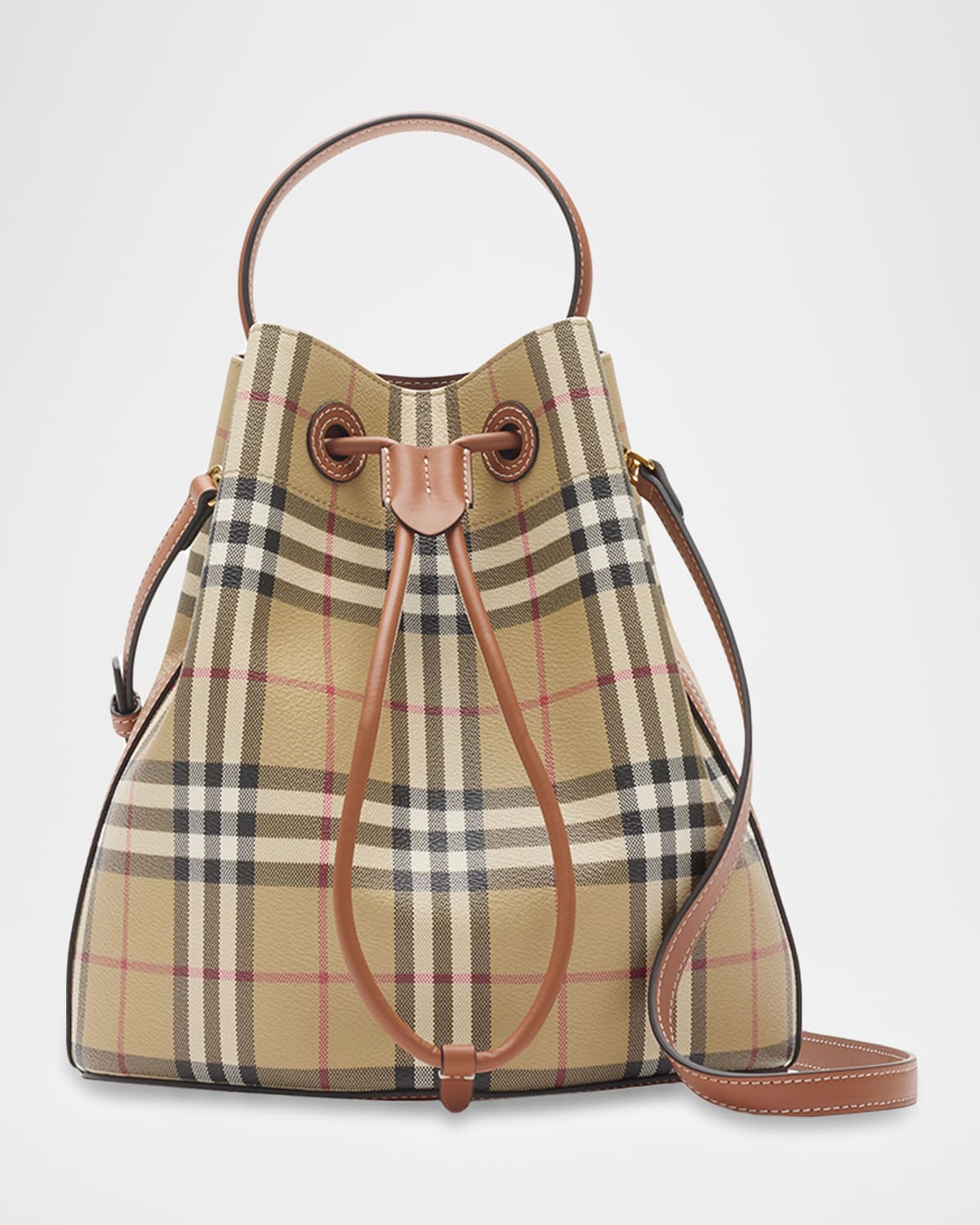 Burberry Small Check Drawstring Bucket Bag In Brown
