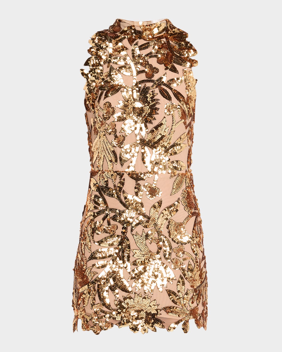 Bronx And Banco Dahlia Halter Sequin Floral Mini Dress In Gold Multi