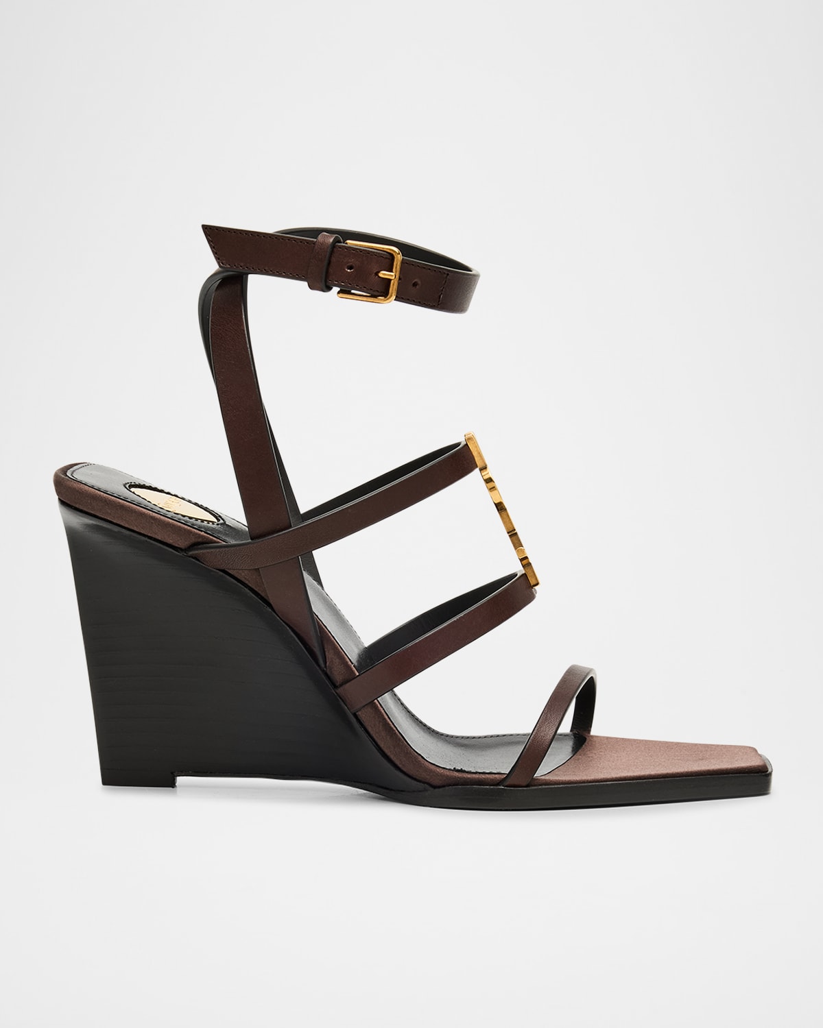 Shop Saint Laurent Cassandra Leather Ysl Wedge Sandals In Nero