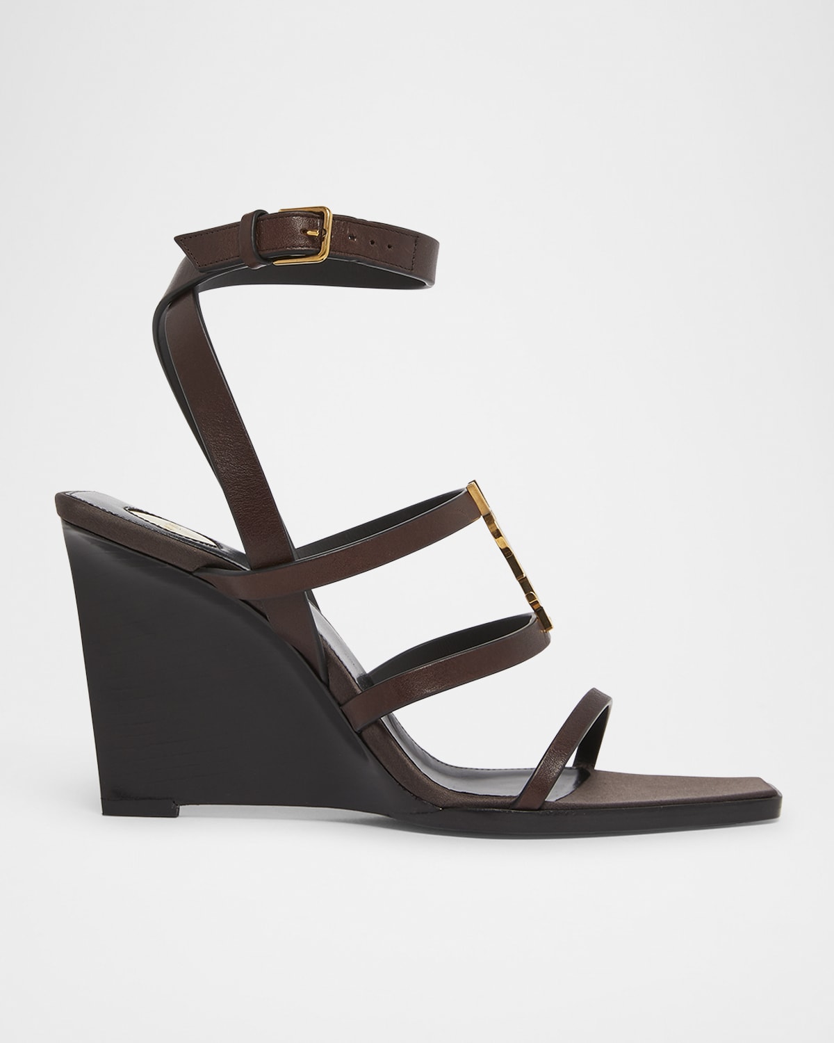 Shop Saint Laurent Cassandra Leather Ysl Wedge Sandals In 2023 Ultra Brown