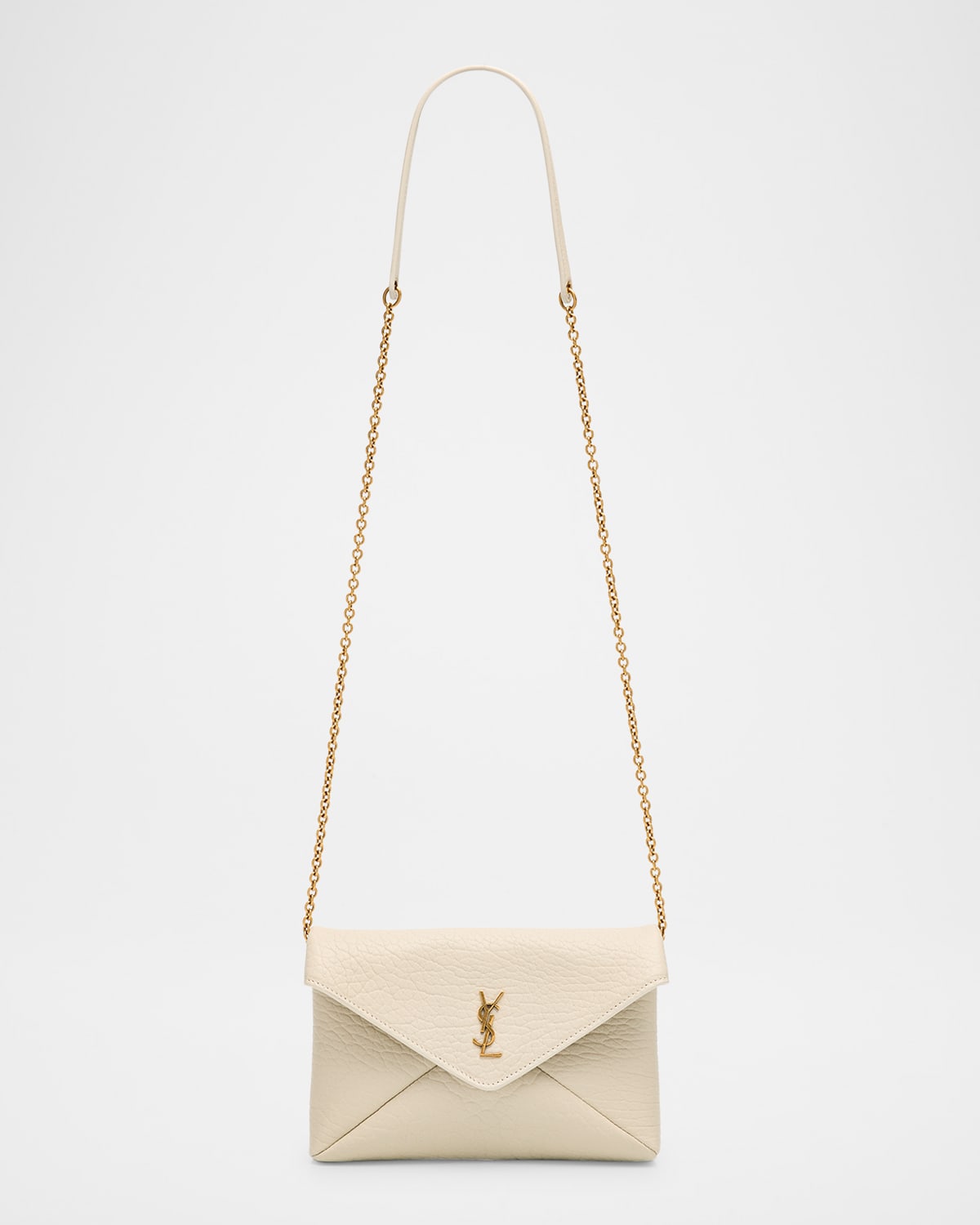 Saint Laurent Cassandre Small Ysl Pouch On Chain In Calfskin In 9207 Crema Soft