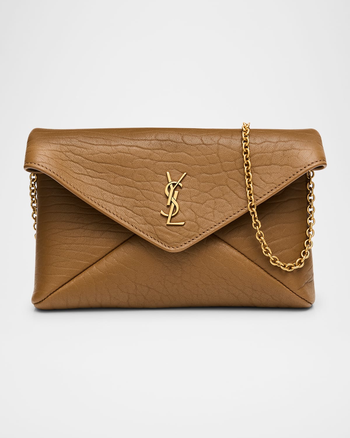 Saint Laurent Cassandre Small Ysl Pouch On Chain In Calfskin In 2760 Dk Cork