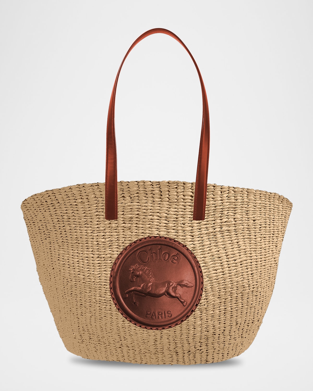 Chloé Large Horse Medal Basket Tote Bag In Paper And Leather In Sepia Brown