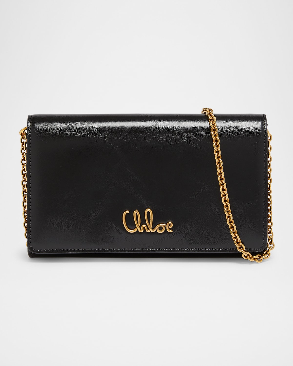 Shop Chloé Iconic Flap Wallet On Chain In Shiny Calfskin In Black