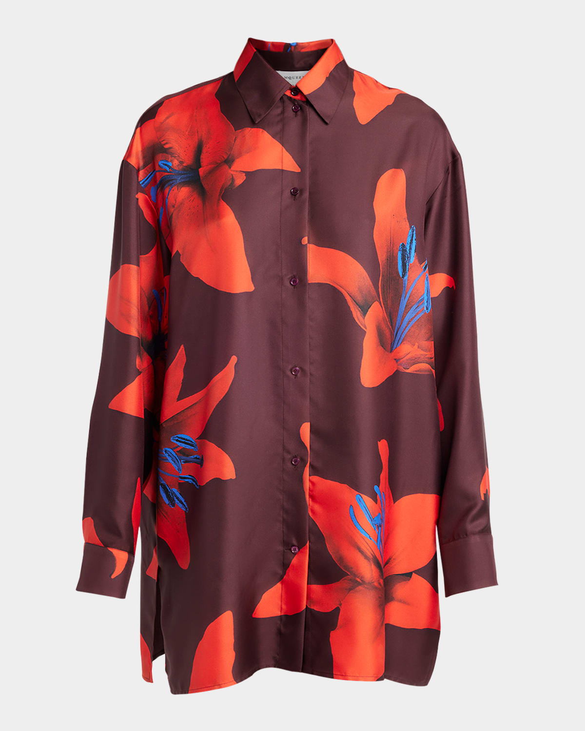 Alexander Mcqueen Silk Twill Pyjama Shirt With Flame Lily Print In Ruby Red