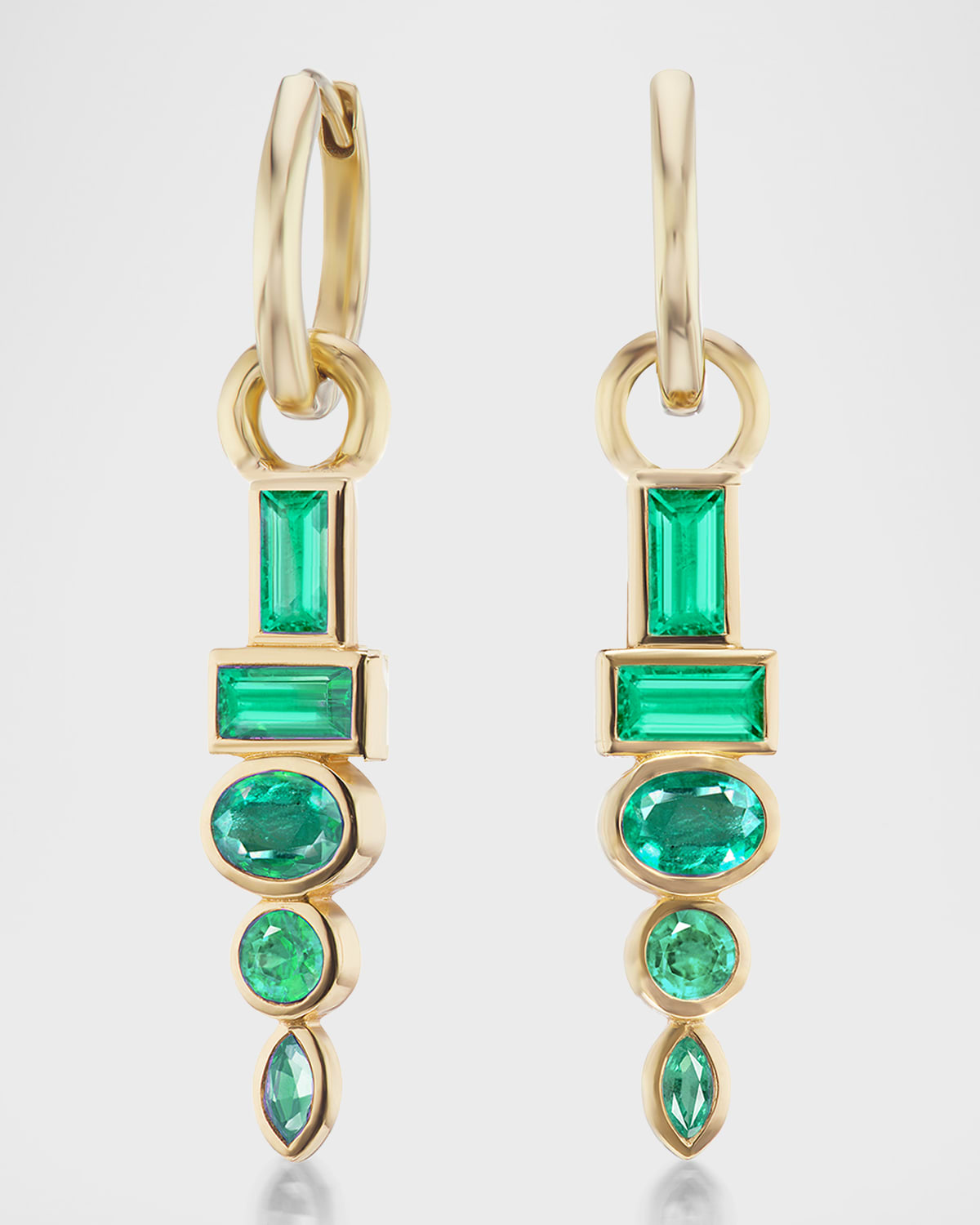 18K Yellow Gold Emerald Drop Huggie Earrings