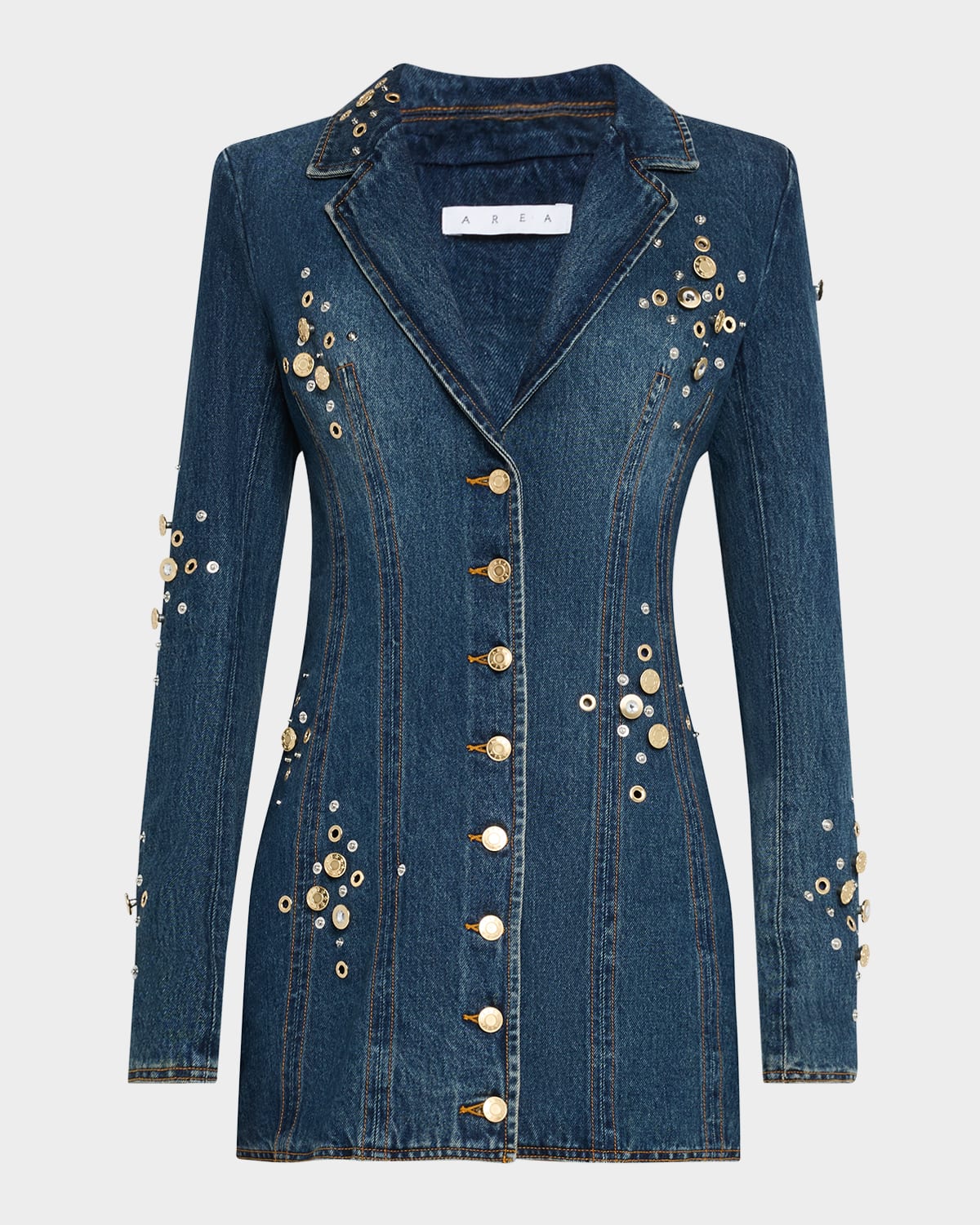 Shop Area Crystal Button Studded Denim Mini Blazer Dress In Dark Blue Wash