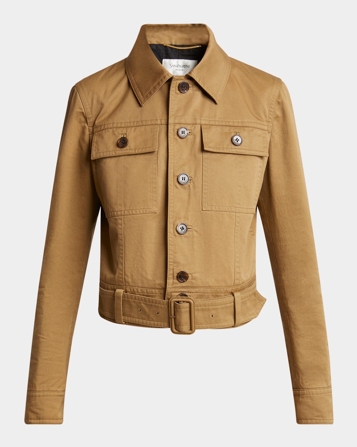 Saint Laurent Collared Button Down Belted Jacket In Gold