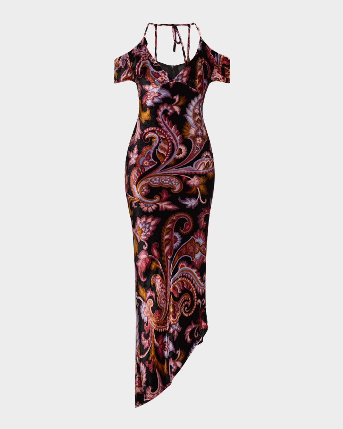 ETRO PAISLEY VELVET OFF-THE-SHOULDER ASYMMETRIC DRESS 