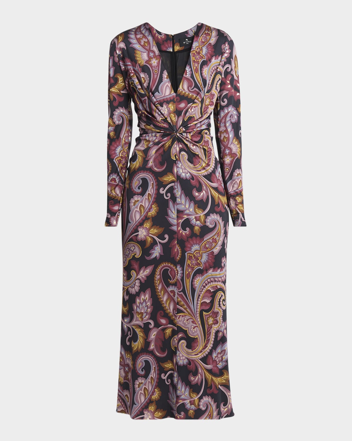 Etro Metallic Paisley-Print Jersey Twisted Midi Dress