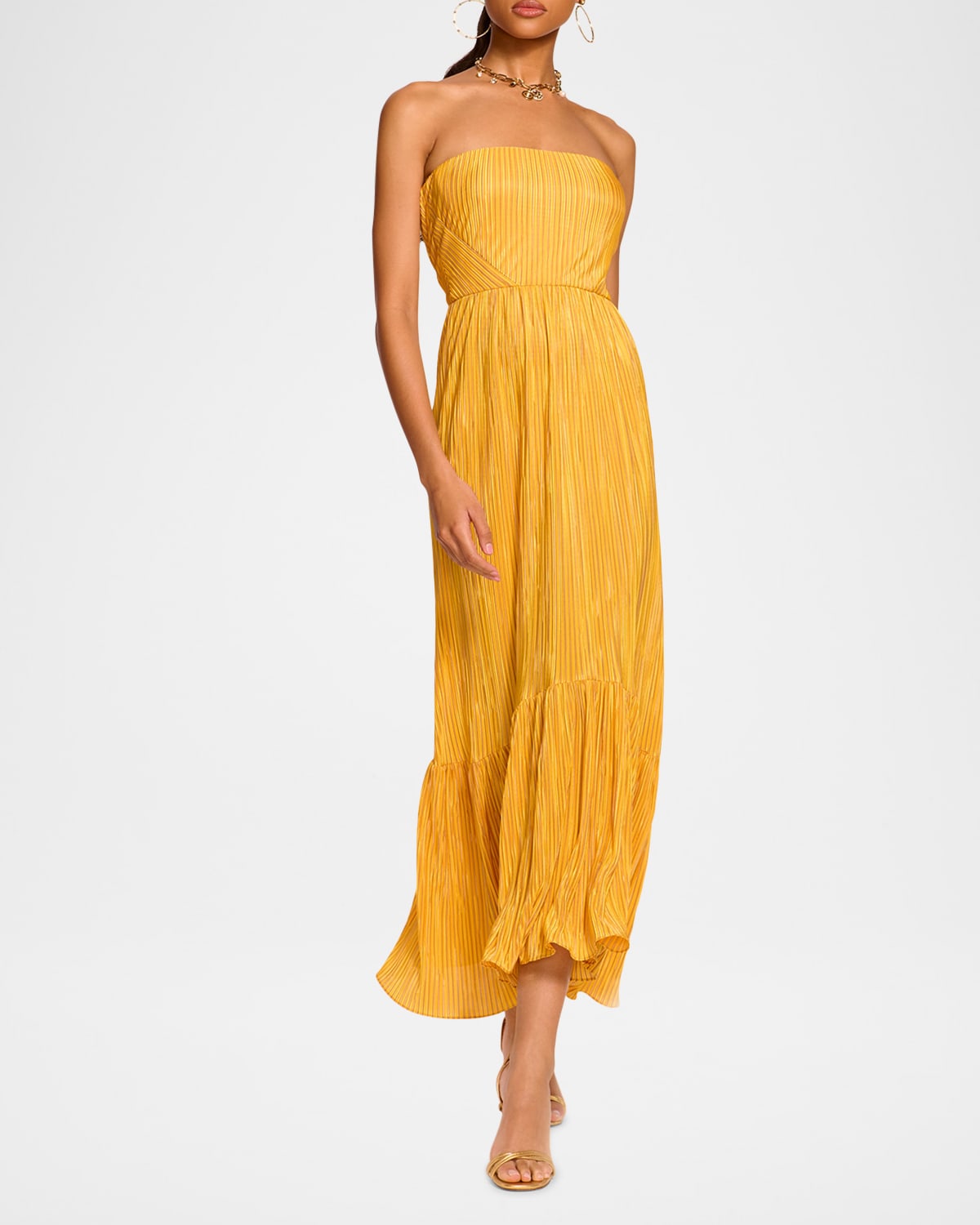 Ramy Brook Devyani Pleated Strapless Midi Dress In Daisy Yellow Pleated