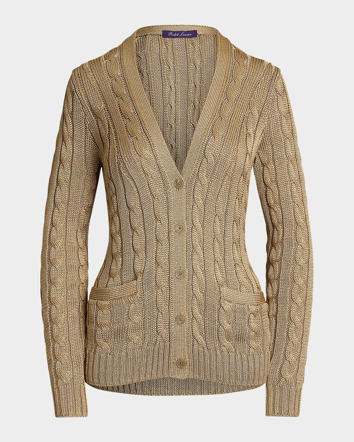 Shop Polo Ralph Lauren Cable-knit Silk Cardigan Sweater In Tan