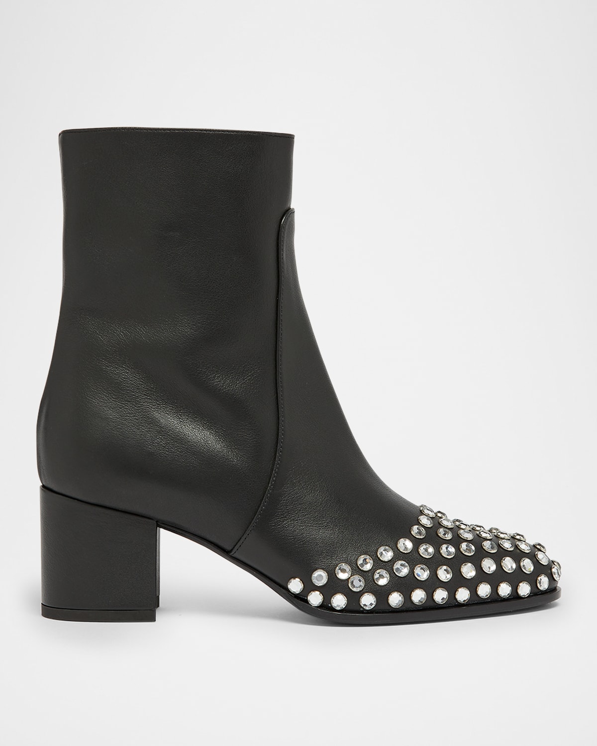 Leather Crystal Stud Cap-Toe Ankle Booties