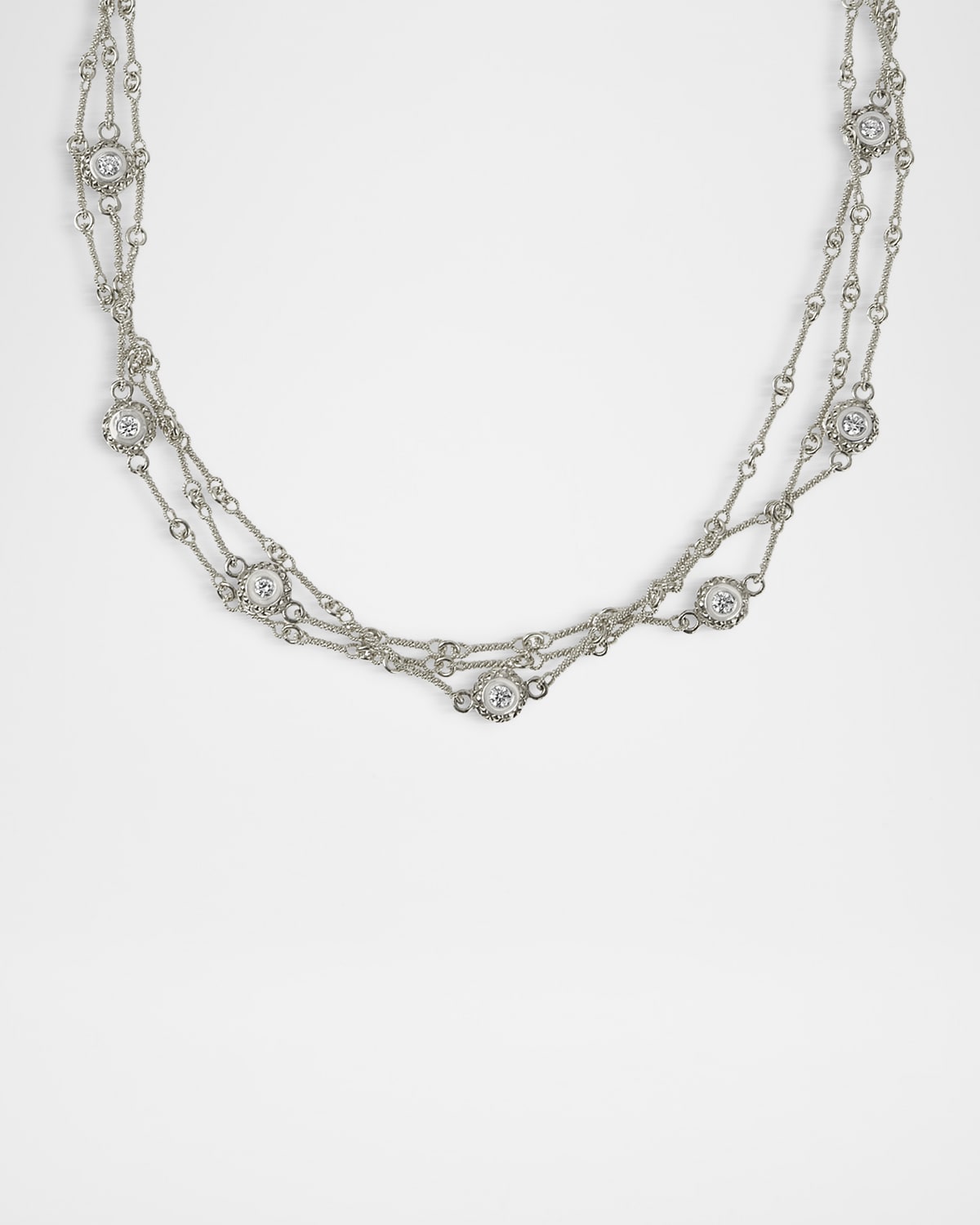 18K White Gold Triple Chain Necklace with Diamonds, 16"L