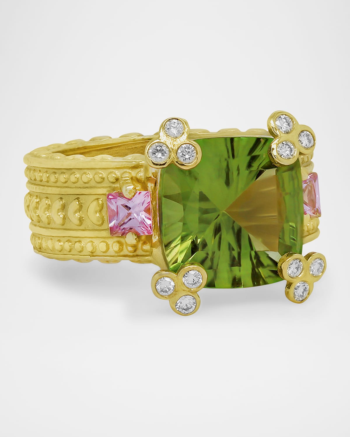 18K Yellow Gold Ring with Peridot, Pink Sapphires and Diamonds, Size 6