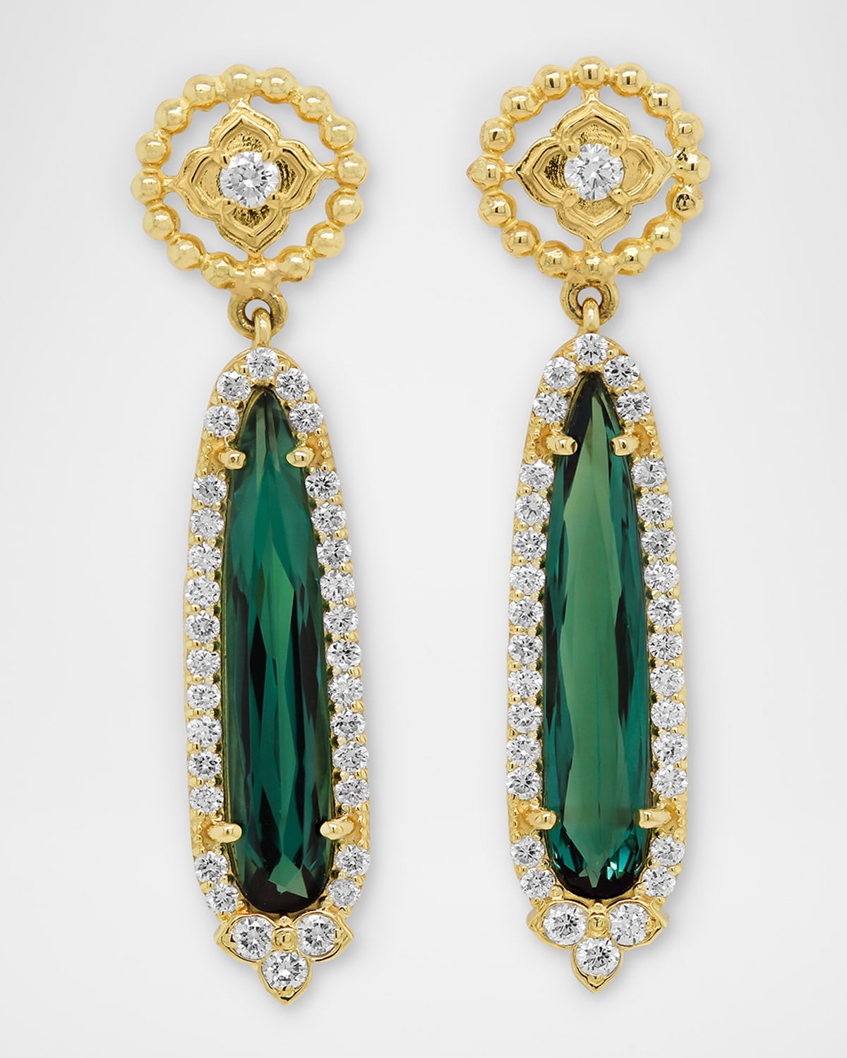 18K Yellow Gold Pear Shape Green Tourmaline Earrings with Diamonds