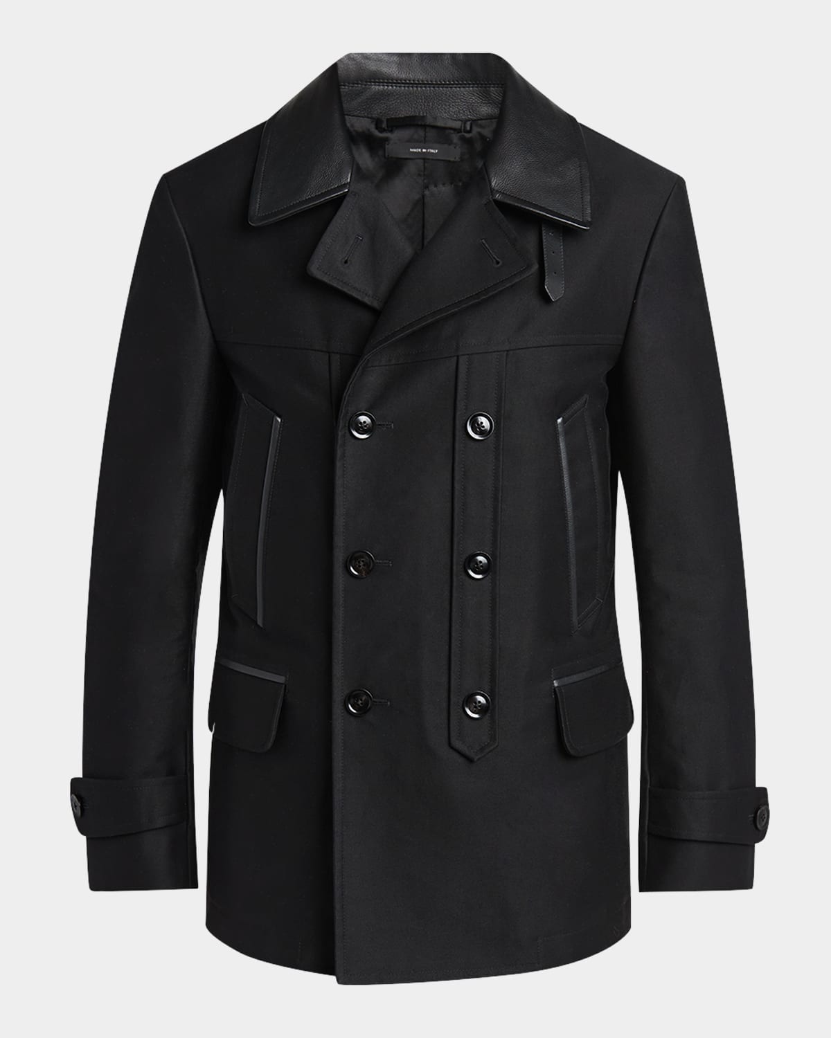 Men's Satin Leather-Collar Peacoat