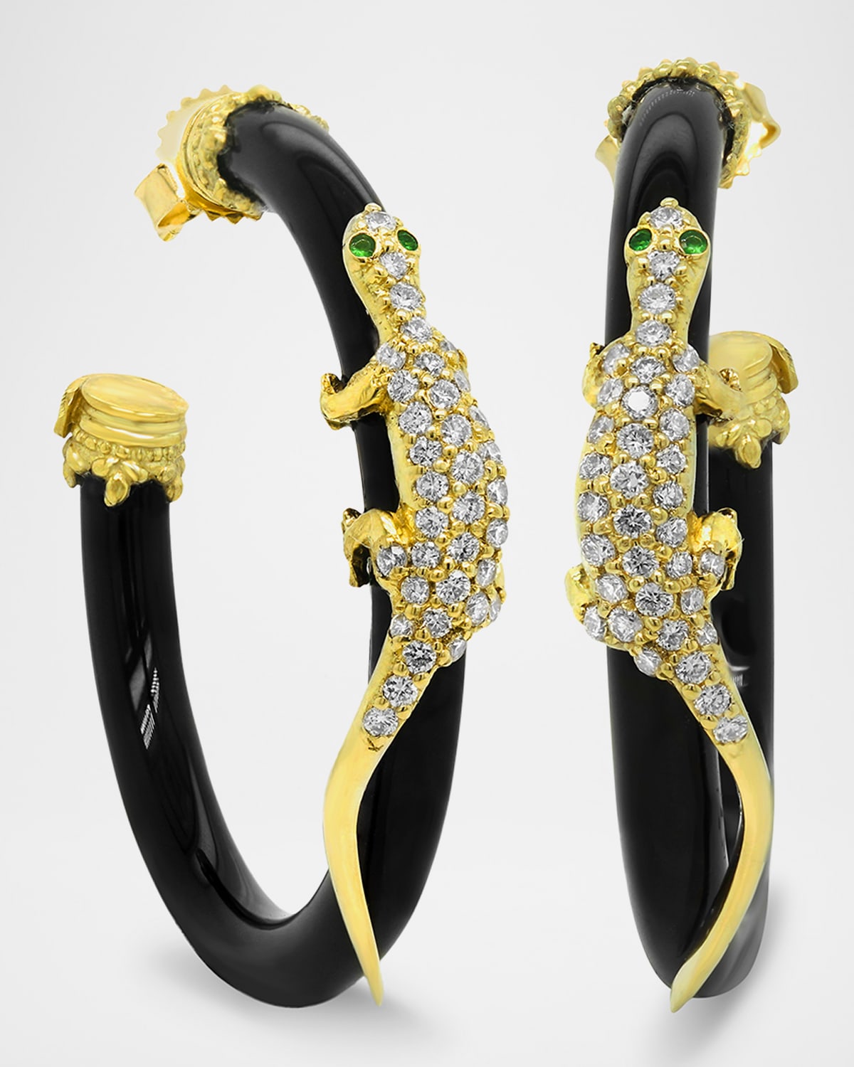 18K Yellow Gold Onyx Lizard Earrings with Sapphire Eyes and Diamonds