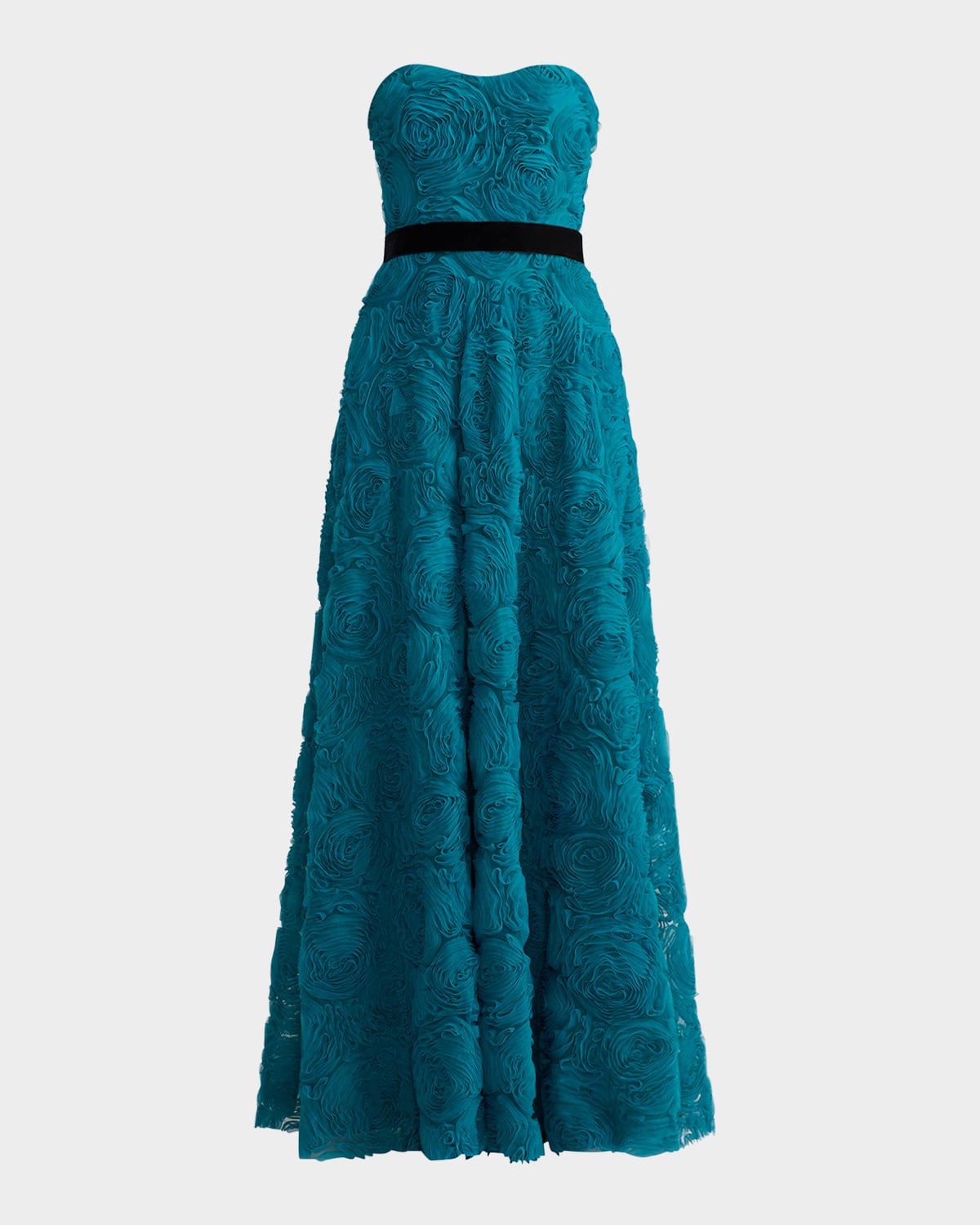 Strapless Rosette Applique Tulle Gown
