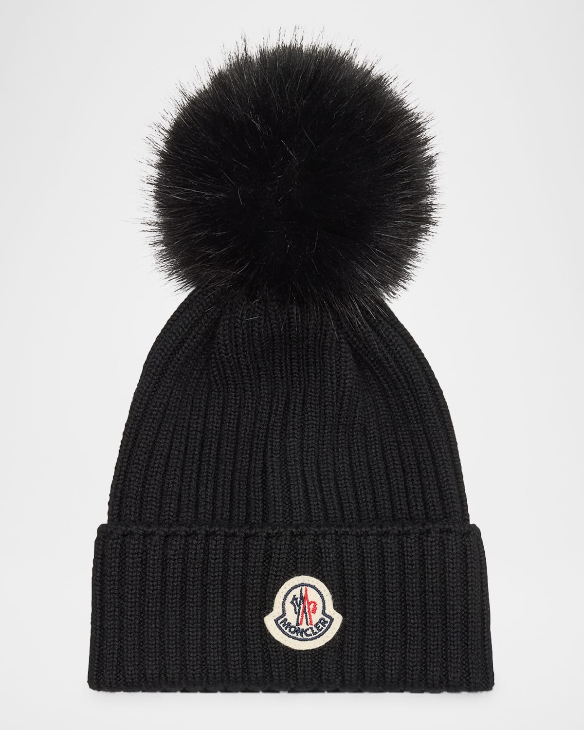 Moncler Ribbed Wool Beanie W/ Faux Fur Pom In Black