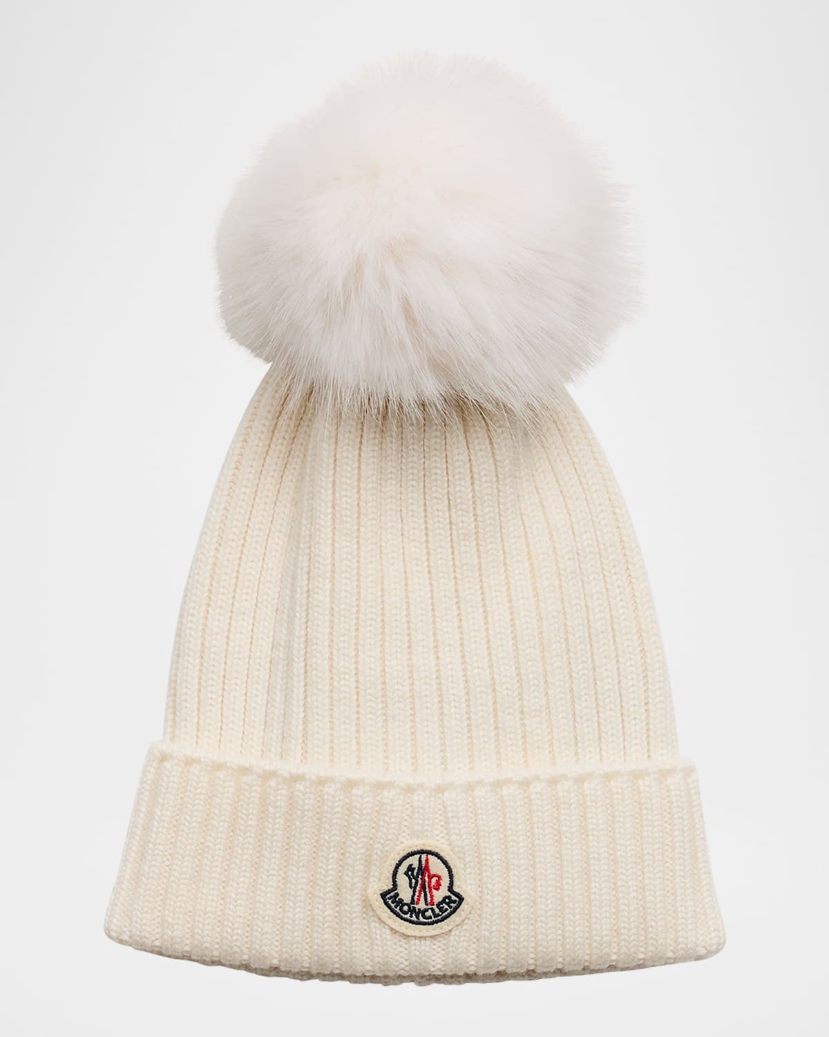 Moncler Ribbed Wool Beanie W/ Faux Fur Pom In White