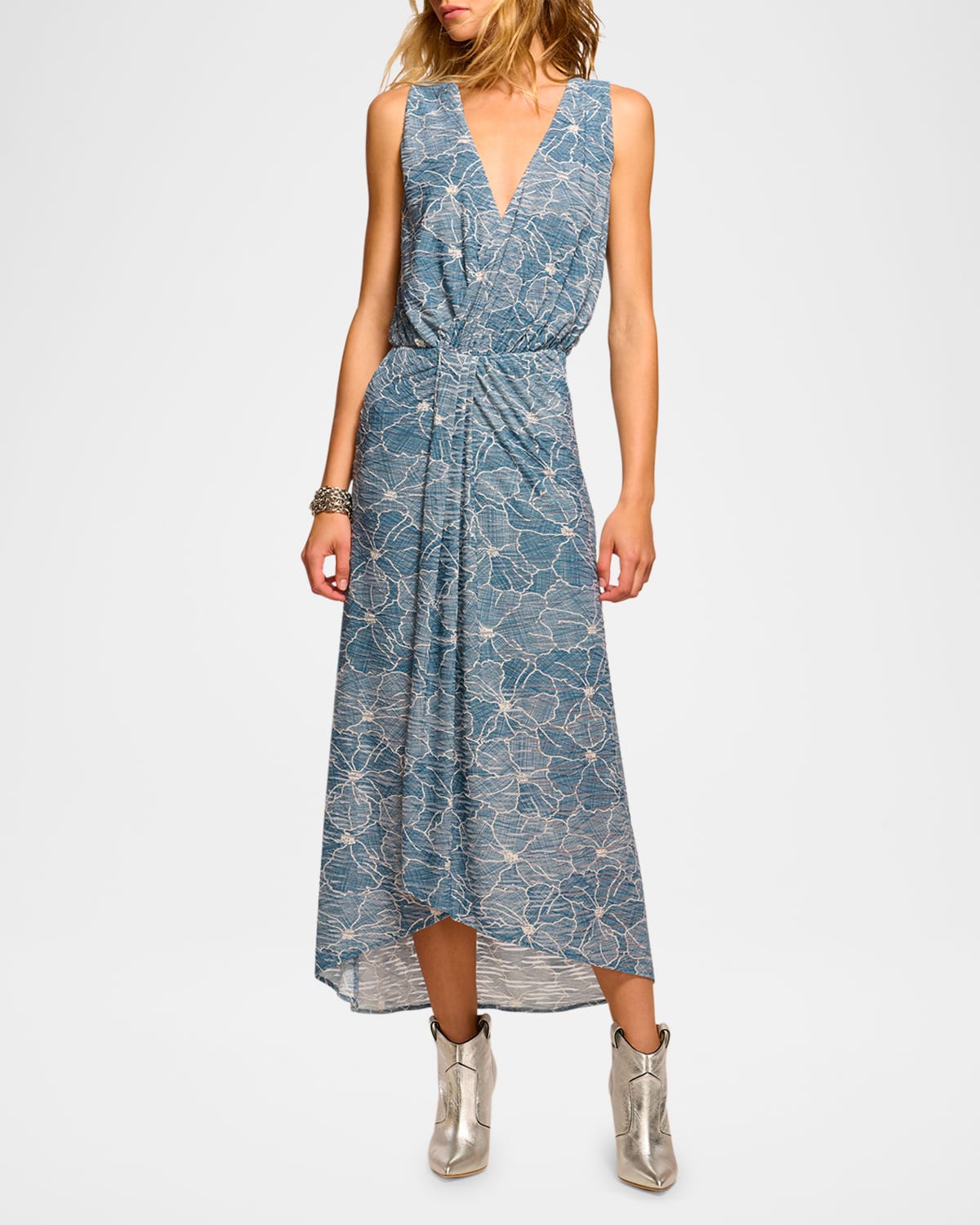 Yuka Floral Chambray Burnout Midi Dress