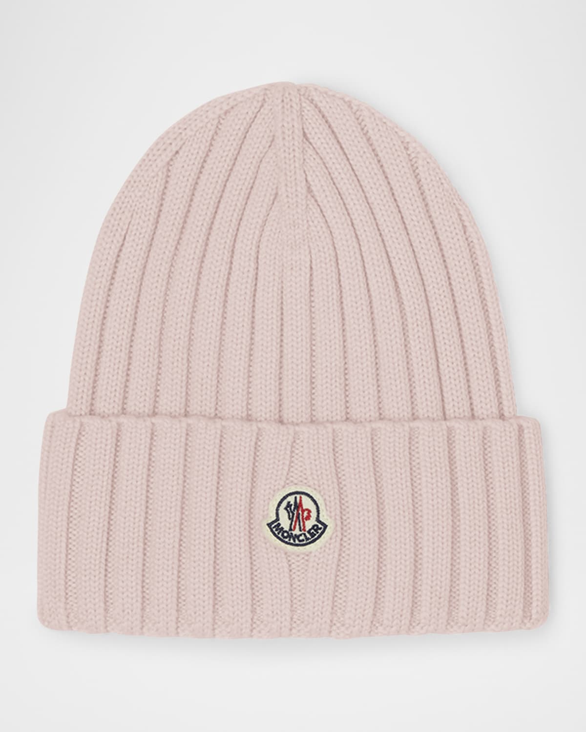 Moncler Ribbed Wool Logo Beanie In Light Pink