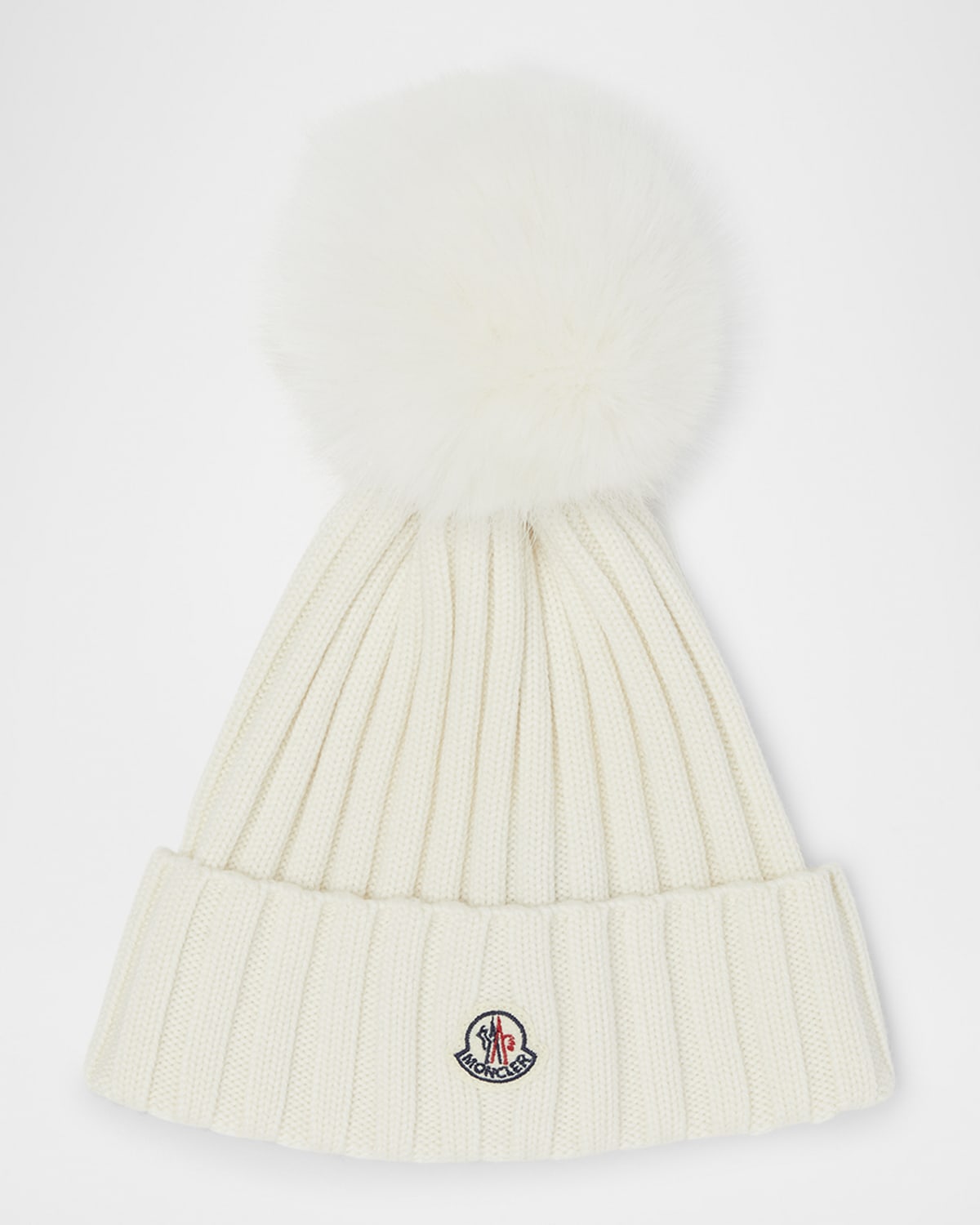 MONCLER RIBBED LOGO BEANIE WITH FAUX FUR POM 