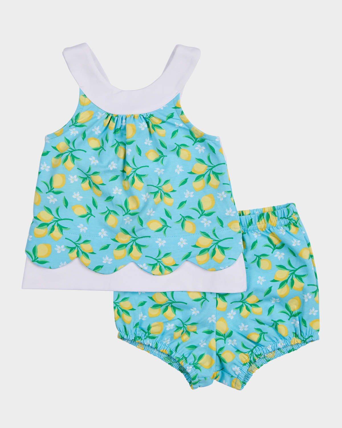 Florence Eiseman Kids' Girl's Lemon-print Dress And Bloomers Set In Blueyellow