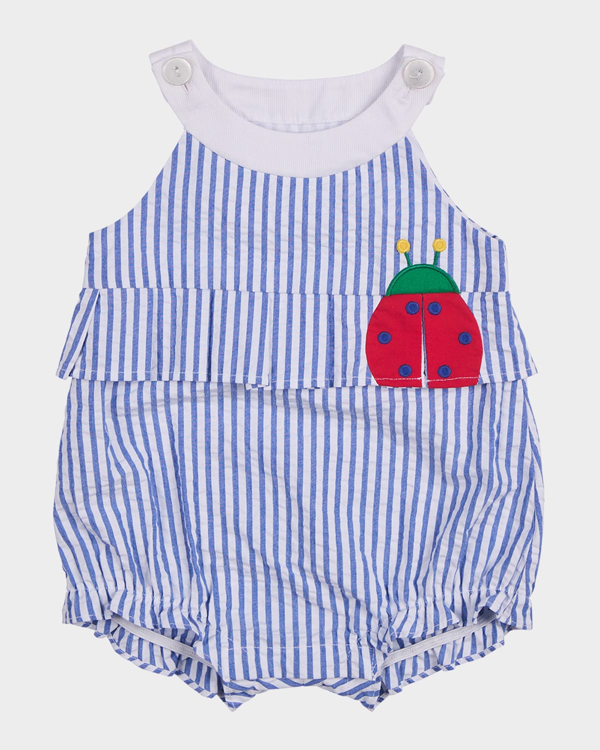 Florence Eiseman Girl's Ladybug Cotton Stripe Seersucker Romper In Royal