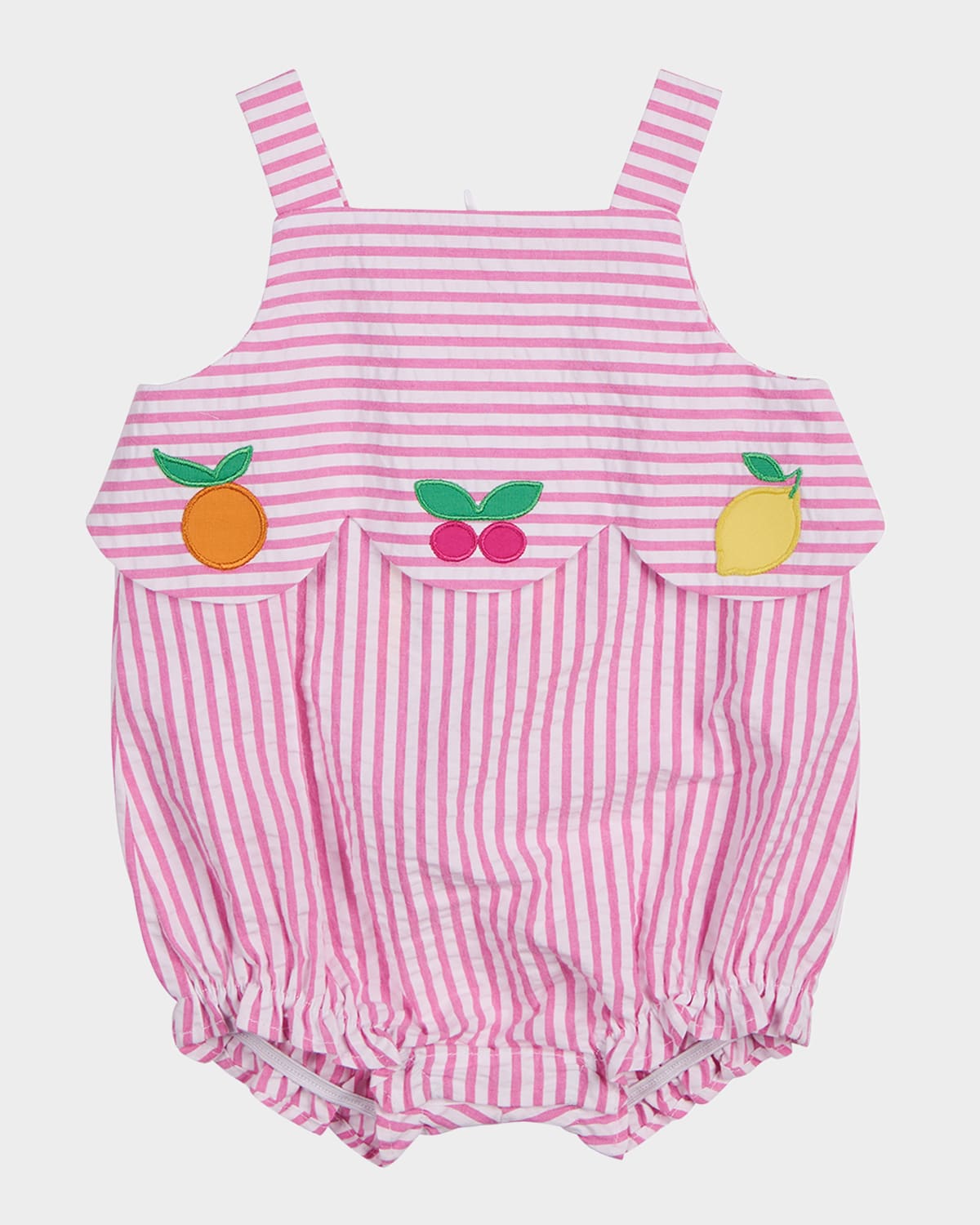 Florence Eiseman Kids' Girl's Fruit Applique Two-tone Seersucker Romper In Pinkwhite