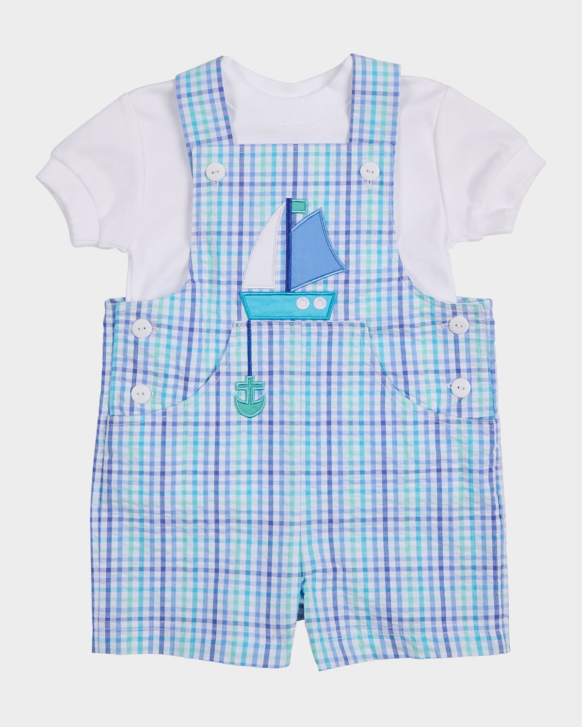 FLORENCE EISEMAN BOY'S SAILBOAT PLAID SHORTALLS & T-SHIRT SET 