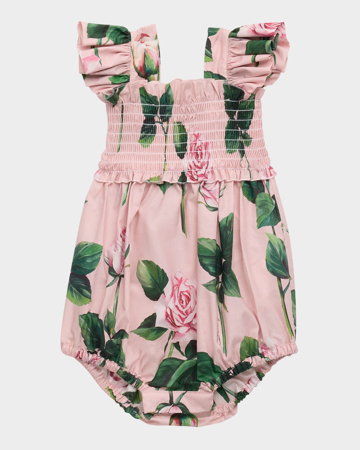 Dolce & Gabbana Girl's Rose-print Smocked Bubble Romper In Rose Cstelo Frosa