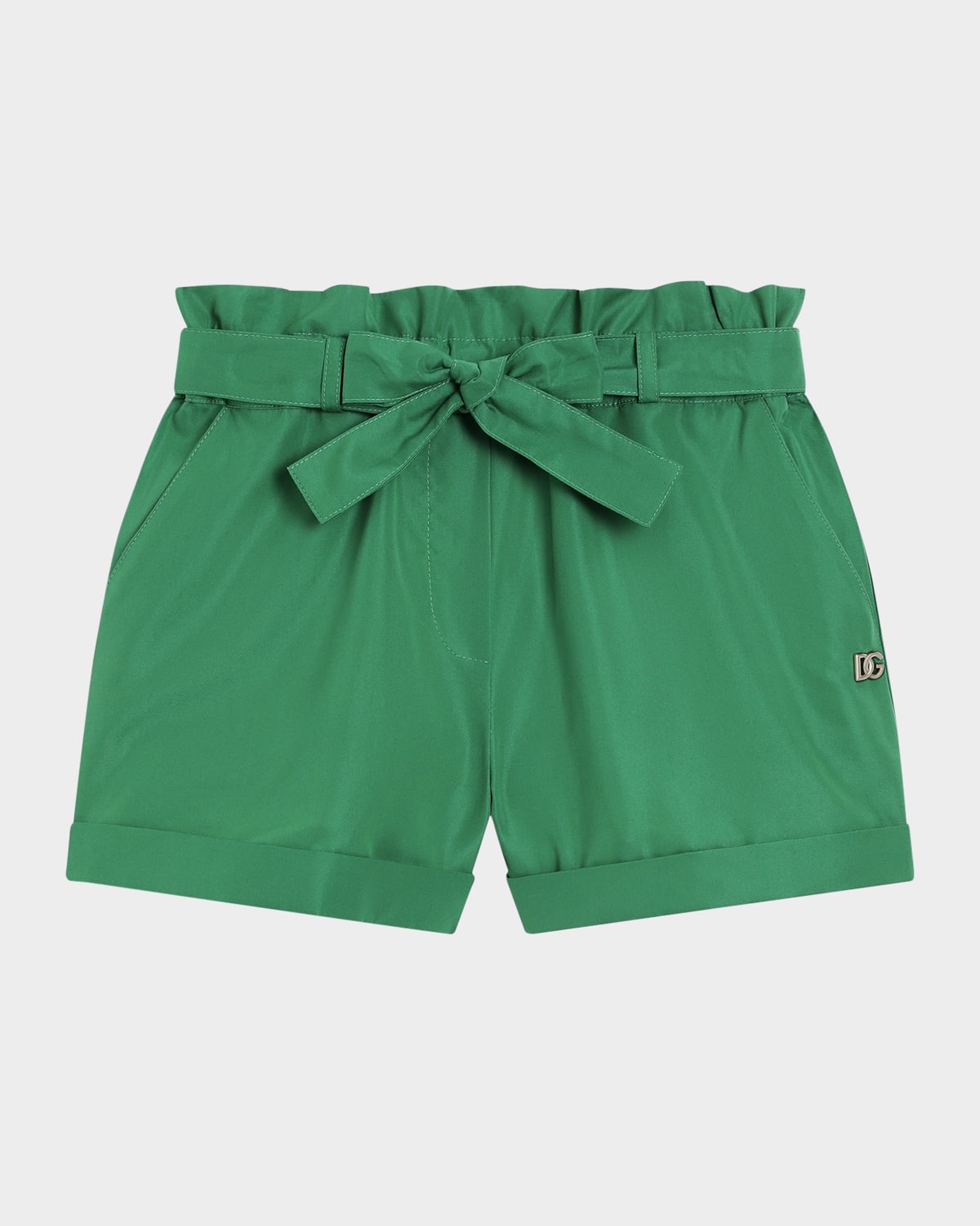 Dolce & Gabbana Girl's Logo-plaque Belted Shorts In Brgtgreen