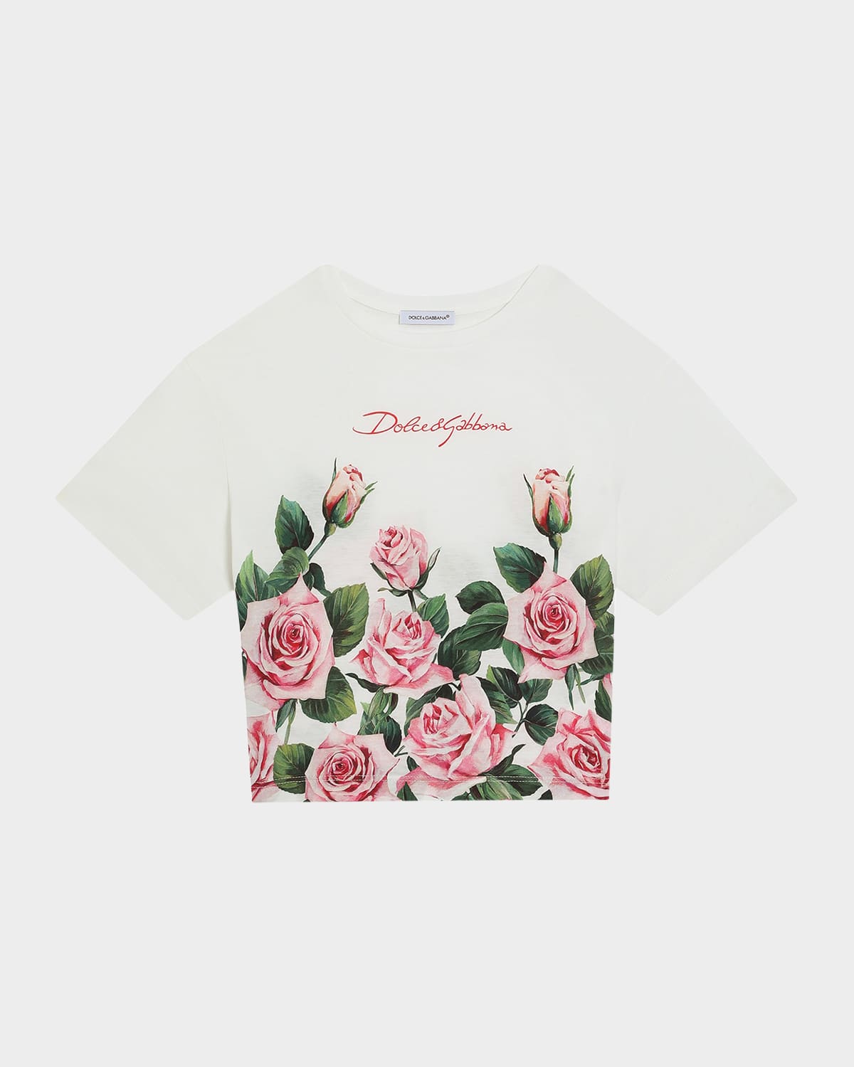 Shop Dolce & Gabbana Girl's Logo-print Rose Graphic T-shirt In White Prnt