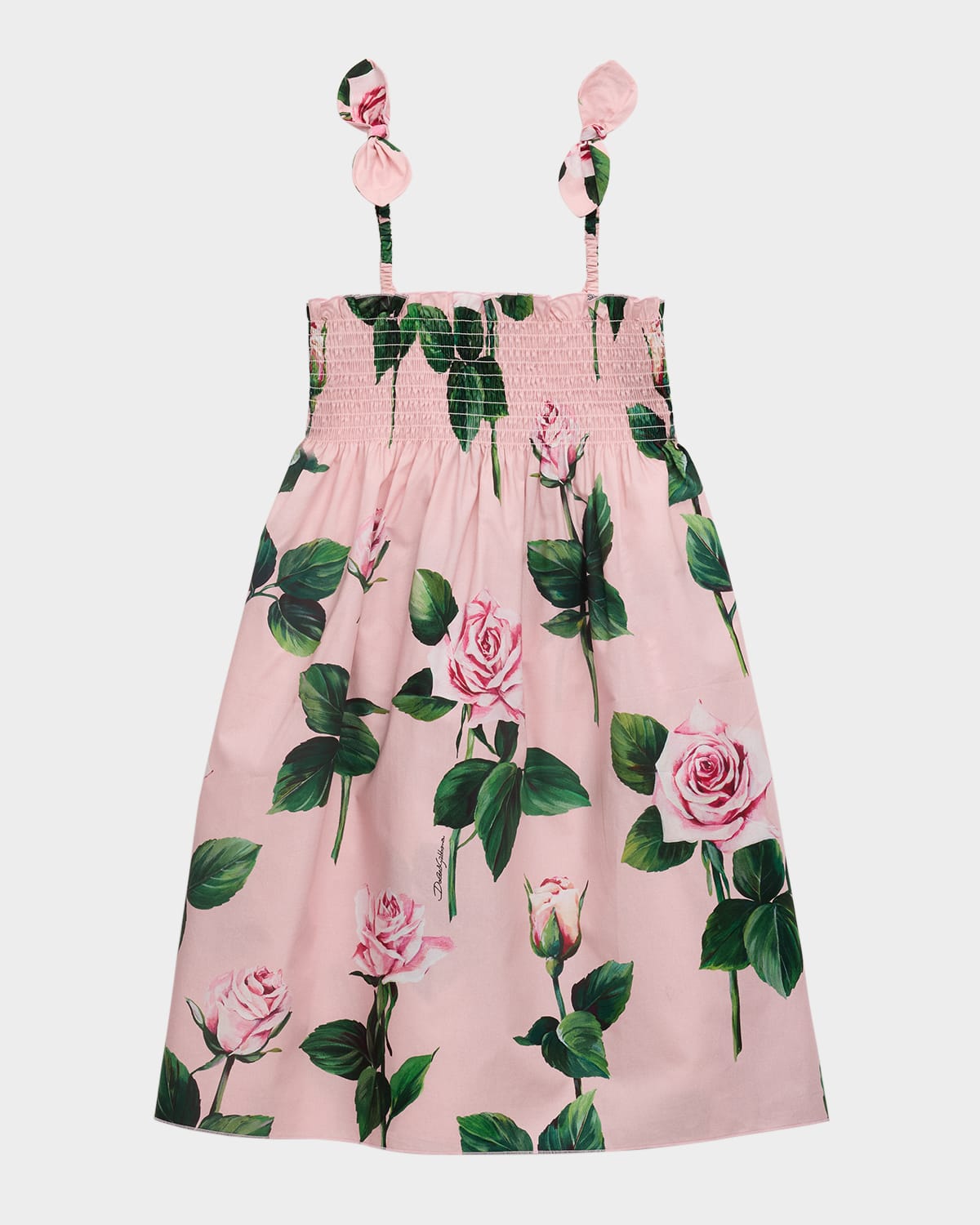 Dolce & Gabbana Girl's Rose-print Smocked Sundress In Pink Print