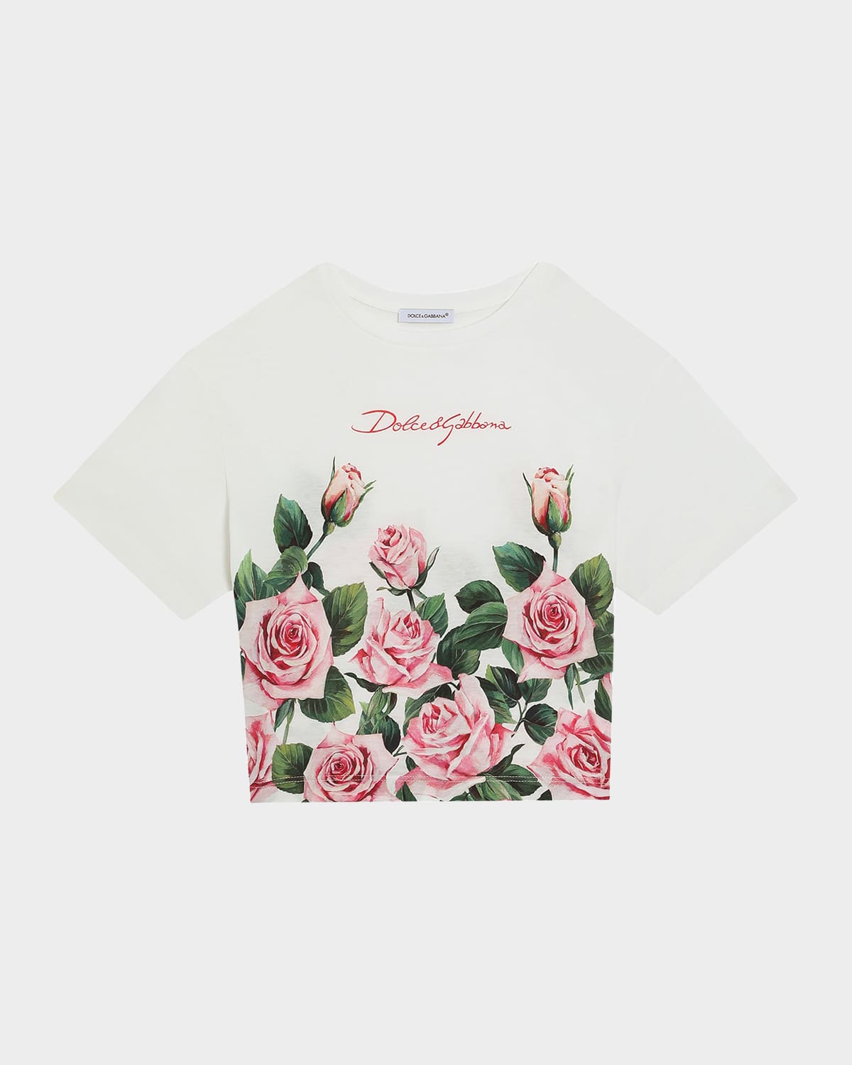 Shop Dolce & Gabbana Girl's Logo-print Rose Graphic T-shirt In White Prnt