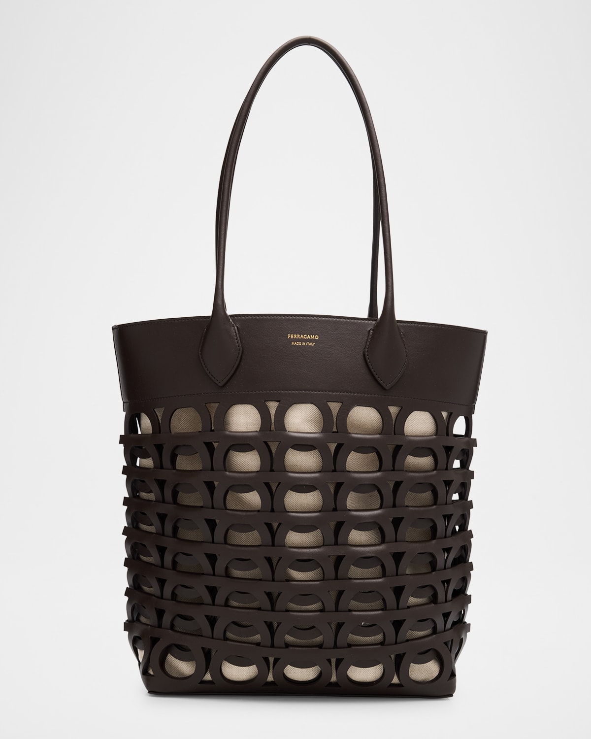 Ferragamo Gancini Leather Tote Bag In Testa Di Moro