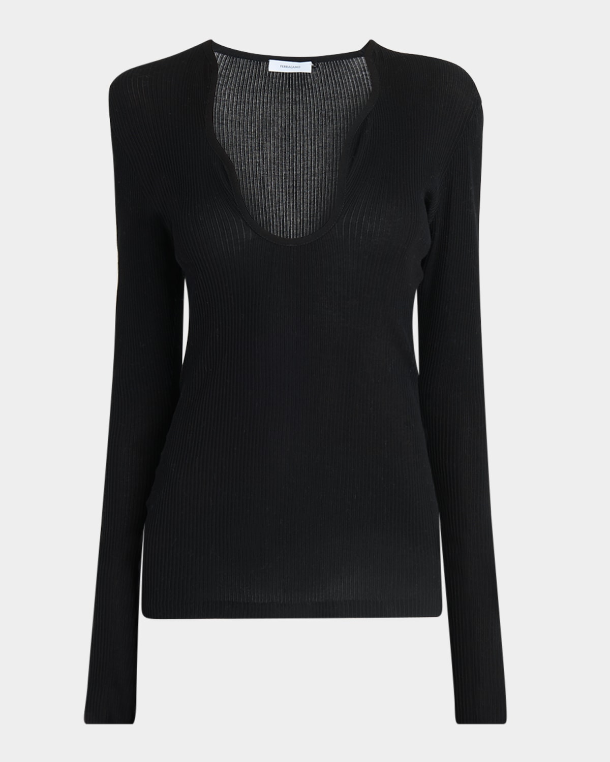 Ferragamo Wavy Scoop-neck Long-sleeve Top In Nero